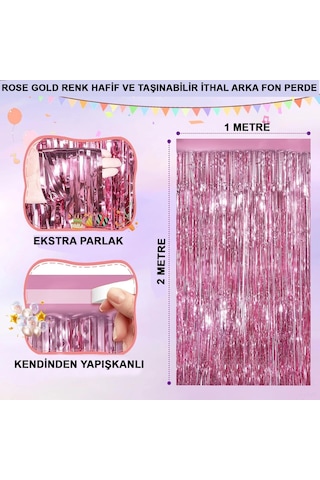 Rose Gold Renk Ekstra Metalize Parlak Saçaklı Arka Fon Perde İthal A Kalite 1x2 Metre +0