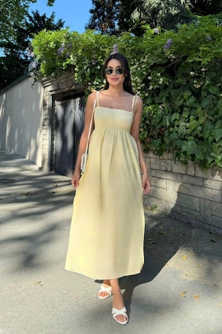 Uzun Pamuklu Yaz Elbisesi Askısı Bağlamalı Astarsız 4301 Sarı