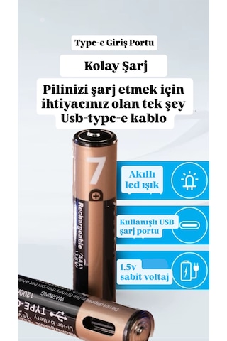 İnce Pil Aaa Pil Usb Type-c Kablo İle Şarj Edilebilir Lityum 2'li İnce Pil 1.5v Aaa / 1200mwh