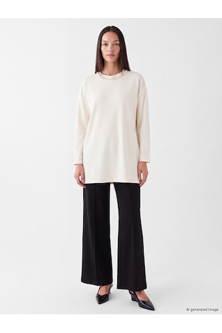 Lcw Everyday Ekru Taşlı Soft Touch Oversize Kadın Sweatshirt Tunik