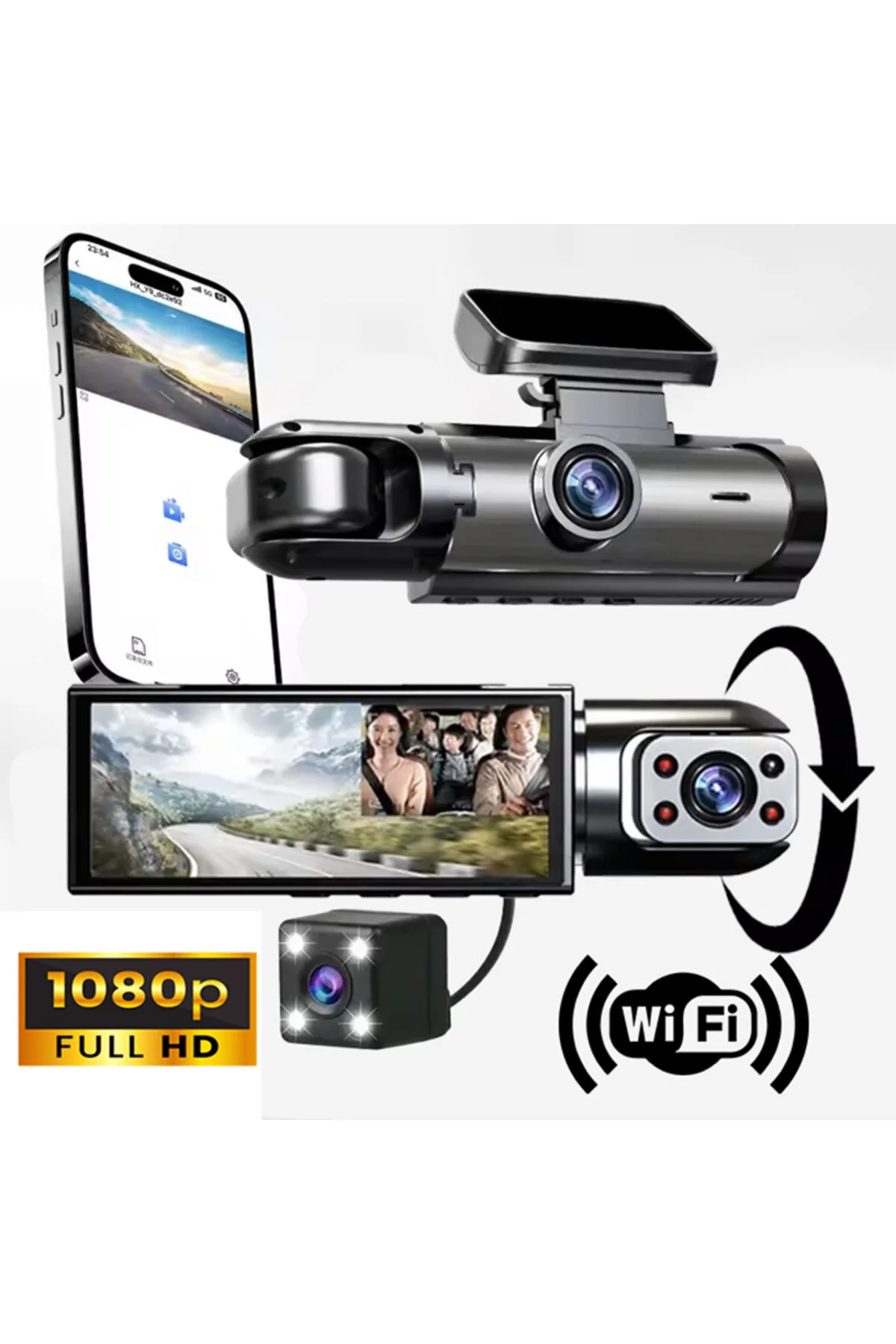 Geniş Açı 1080p Full Hd 3 Kameralı Wifi Hafıza Kartına Kayıtlı Araç Kamerası