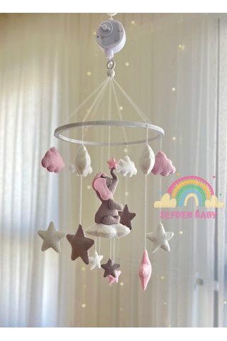 Pembe Gri Fil Figürlü Kız Bebek Beşik Dönencesi Müzikli Dönence