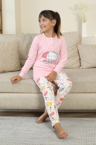 Miniğimin Cicileri Bulut Baskılı Düğmeli Kız Çocuk Pijama Tak... Pembe