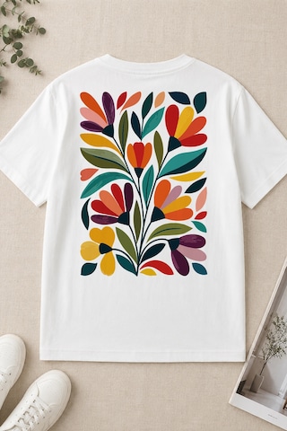 Spoyi Modern Flora Tasarımlı %100 Pamuk Yarım Oversize Beyaz T-shirt