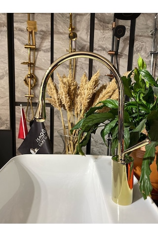 İsaoğlu Yapı Parlak Gold Drop Design Mutfak Ve Banyo Bataryası Altın Eviye Musluğu Altın Lavabo Bataryası Gold
