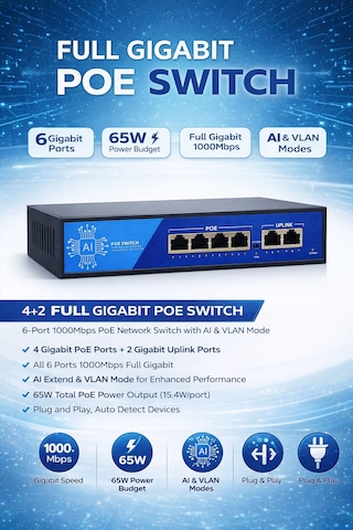 3dcool 3d-psf04-fg 6 Port Kamera Poe Switch 4xpoe 2xuplink Full Gigabit 65w 250mt