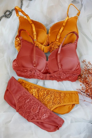 Kadın Hardal Ve Kiremit Rengi Dolgulu Balenli Sütyen Külot 2'li Paket Çok Renkli