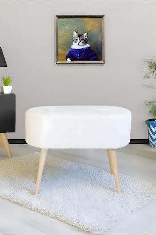 Gürgen Ahşap Ayak Kırık Beyaz Pofidik Teddy Lüx Handmade Oval Puf Bench Sandalye