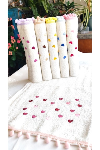 Annem 30x50 Cm. 6'lı Set Kalp Nakışlı Ponponlu Bukle Havlu Set