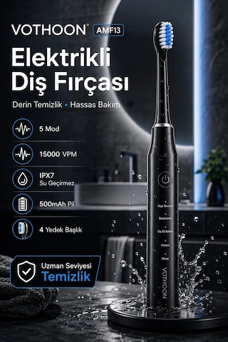Şarjlı Diş Fırçası 15000 Vpm Titreşim Gücü, 500mah Batarya, 5 Temizlik Modu Siyah