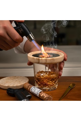 Bej Mermer Kokteyl Tütsüleme Seti Çelik Süzgeç,tütsü Talaşı,pürmüz,gold Kaşık Bej