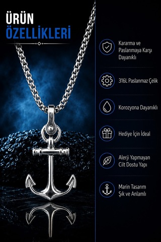 Paslanmaz Çelik Gemici Marine Tasarım Denizci Çapa Kolye Metalik Gümüş