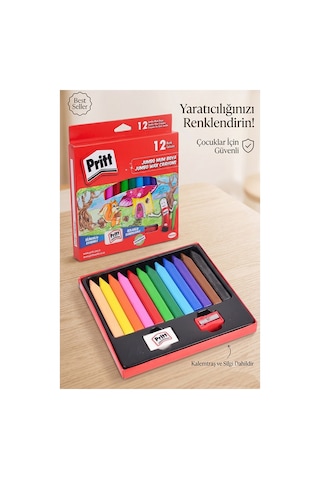 Jumbo Üçgen Mum Boya 12 Li 1 Paket Pritt 12 Renk Üçgen Mumboya Elleri Kirletmeyen Yıkanabilir Silinebilir Karton Kutu Çok Renkli