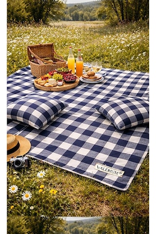 Valerium Sıvıya Ve Lekeye Dayanıklı Silikon Dolgulu Piknik Seti 170x170cm + 2 Minder Lacivert