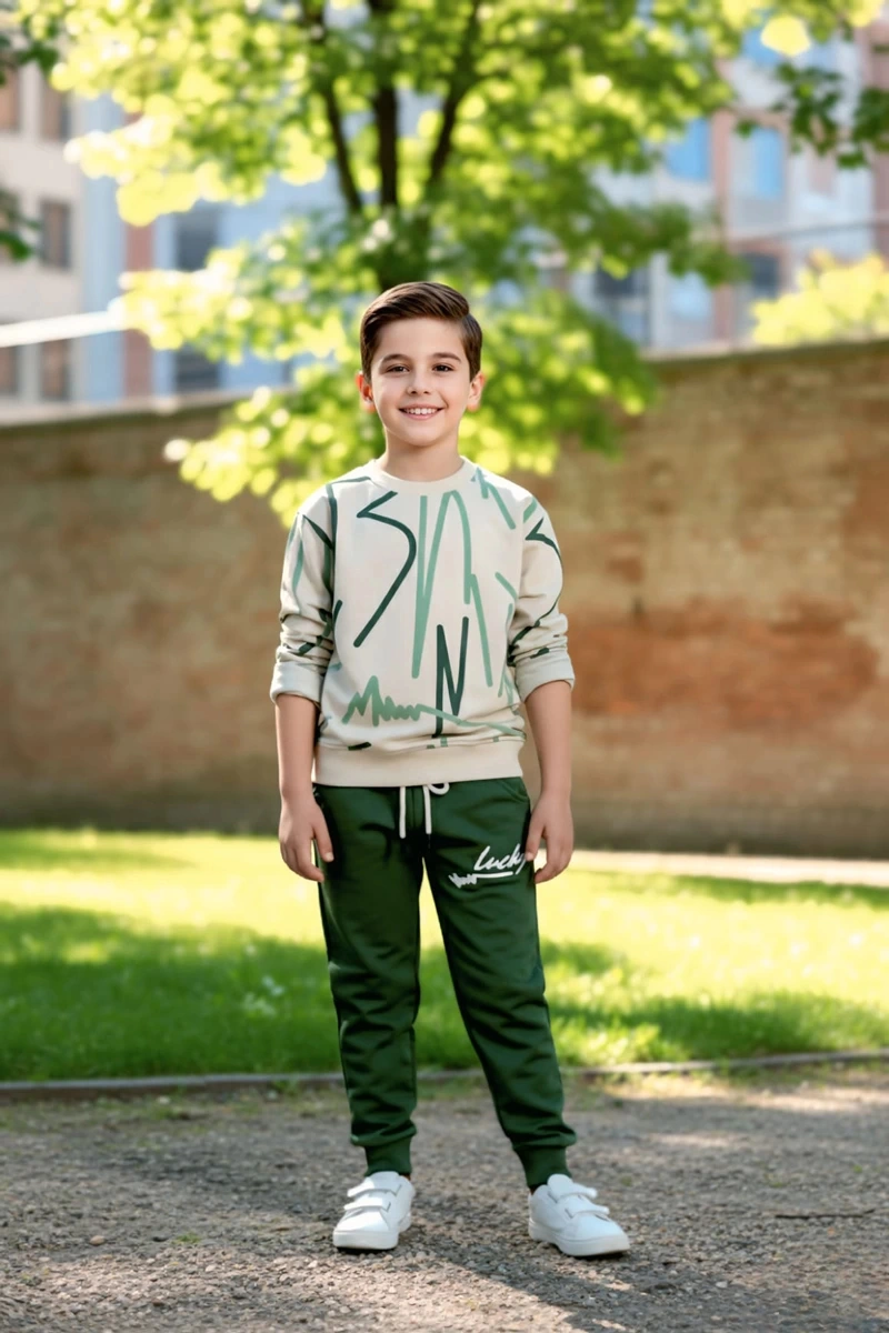 Çizgi Desenli Yeşil Renk Erkek Çocuk Eşofman Takım Yeşil