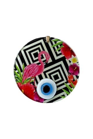 Pembe Flamingolu Çiçekli Nazar Boncuklu 15 Santimetre Çapında Duvar Süsü - 90157466969131000f