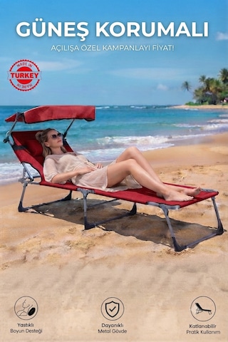 Gölgelikli Premium Katlanabilir Yastıklı Lüks Şezlong Kırmızı Havuz, Bahçe, Teras Sandalyesi
