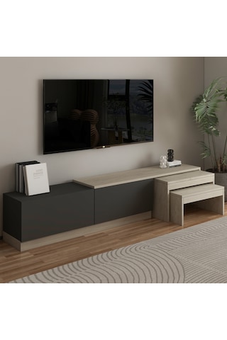 Nest Tv Sehpası Modern Tasarım,2 Kapaklı Depolama Ve İkili Zigon Sehpa İle Fonksiyonel Mobilya Traverten