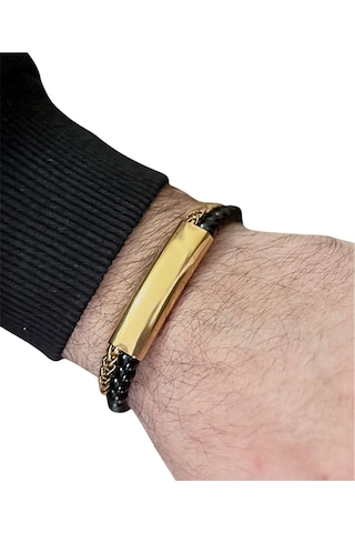 2li Çelik Ve Boncuk Detaylı Siyah&gold Erkek Bileklik 23 Cm Siyah - Altın