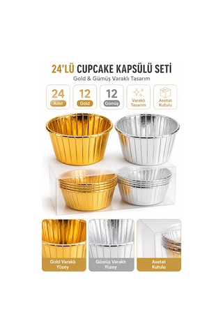 Cupcake Kapsülü 24'lü 12 Gold 12 Gümüş Varaklı Asetat Kutulu Kek Muffin Pişirme Ve Sunum Kapsülü Diğer