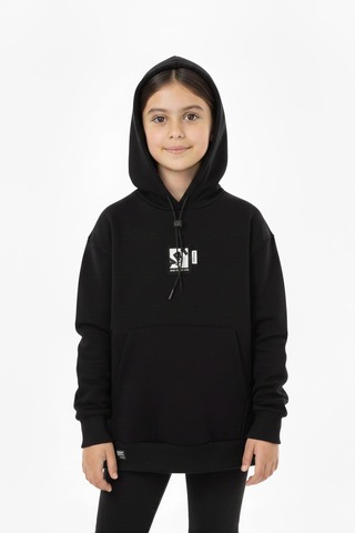Kapüşonlu Art Baskılı Kanguru Cepli Kız Çocuk Sweatshirt-90850 Siyah
