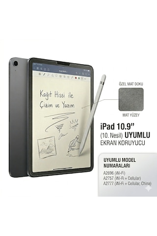Apple iPad 10.9" 10. Nesil 2022 Uyumlu Paperlike Mat Ekran Koruyucu Kağıt Hissi Veren Özel Yüzey