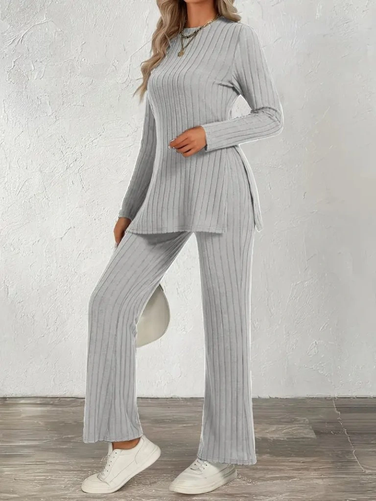 Tua Moda Kadın Uzun Kollu Bisiklet Yaka Yandan Yırtmaçlı Şardonlu Kaşkorse Bluz Ve Pantolon Ikili Takım Gri