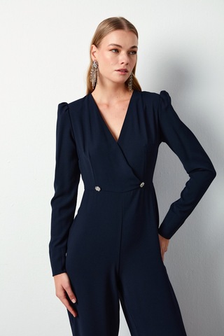 Sateen Kruvaze Süs Taşlı Krep Tulum - Lacivert