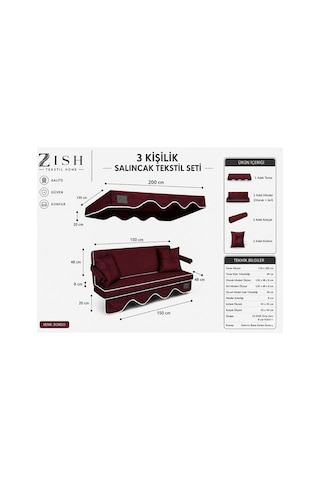 Zishtekstil Altaleno Bordo 3 Kişilik 164 48 Cm Süngerli Bahçe Balkon Salıncak Minderi Yıkanabilir Kılıflı, Tenteli Keten Kumaş Tekstil Seti 24 Dns 8 Cm Orta Sert Sünger