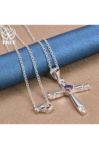 925 Ayar Gümüş Yuvarlak Aaa Zirkon Çapraz Kolye Kolye Takı