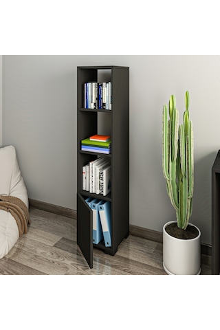 Kuzey 4 Raflı, Kapaklı Minimal Beyaz Kitaplık Antrasit