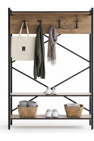 Loft Metal Ayakkabılıklı Portmanto Ve Askılık Konsept Hol Antre Mobilyası Siyah - Kahverengi