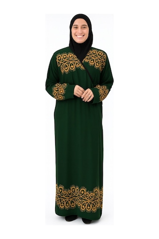 Halkalı Desenli Kruvaze Namaz Elbisesi Yandan Bağlamalı, Rahat Kesim 36 46 Beden Yeşil