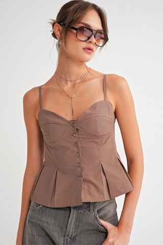 4737 Kadın Düğmeli Kuplu Pileli Bluz Moka Moka