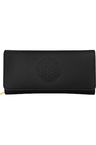 Yaşam Çiçeği Baskılı Şans Cüzdanı Kağıt Bozuk Para Ve Kartlık Bölmeli Siyah Kadın Cüzdan Siyah