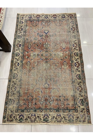 El Dokuma Eskitme 115X192 Kiremit Mavi %100 Yün Vintage Halı ! Yeşil