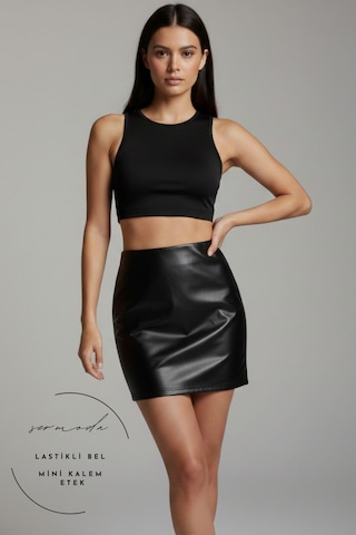 Sermoda Kalem Deri Etek - Bel Lastikli Slim Fit Mini Kalem Etek Ud Siyah Kd Siyah