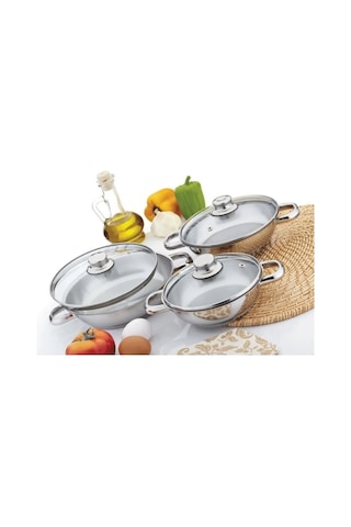 Gülsan Dide 6 Parça Paslanmaz Çelik Omlet Set Cam Kapak 16-18-20cm Inox
