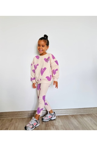 Kız Çocuk Çiçek - Leopar Detaylı 3 İplik Alt Üst Takım Sweatshirt + Tayt Mor