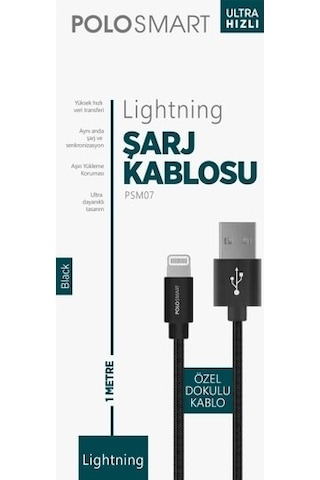 Polosmart PSM07 Lightning Hızlı Şarj Kablosu 1 M Siyah