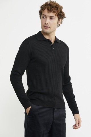 Sementa Polo Yaka Fitilli Triko Kazak - Siyah 001