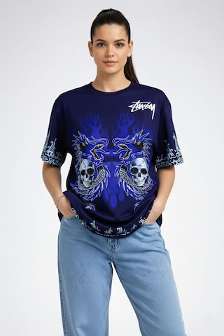 Wear Vexel Kadın Oversize Tişört Dragon & Kuru Kafa Baskılı Bisiklet Yaka T-shirt - Lacivert Lacivert
