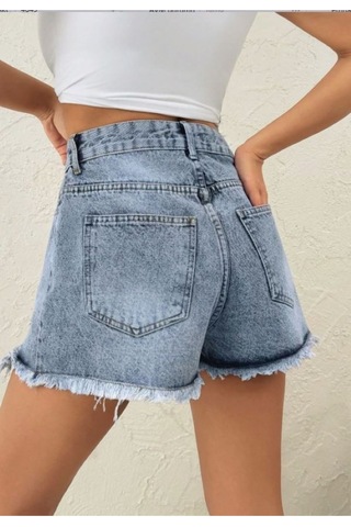 Kene Jeans İşlemli Taş Yıkama Paça Yırtık Detaylı Kısa/mini Kot Şort Taş Yıkama