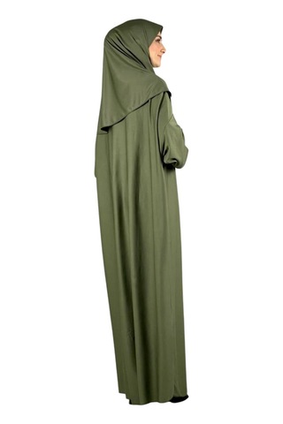 Namaz Elbisesi Eşarp Seccade Tesbih Set, İslami Giyim Takım Ferace Turban Şal Haki