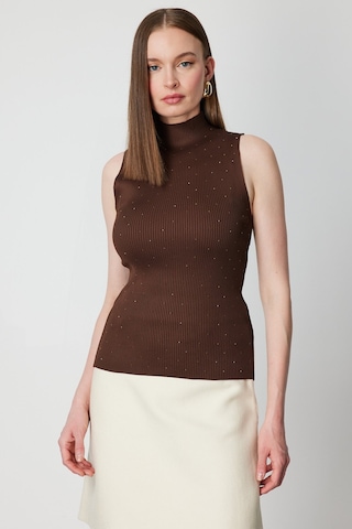 On Kadın Taşlı Kolsuz Triko Bluz 66375 Kahverengi Kahverengi