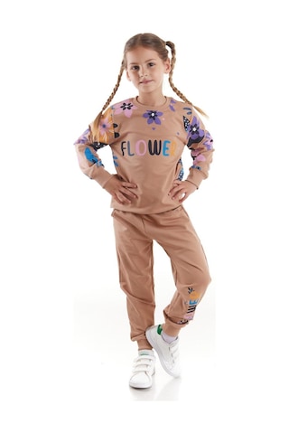 Ahengim Kız Çocuk Eşofman Takımı Flower Baskılı Alt Üst Takım Ak2505 Vizon