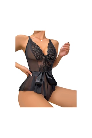 Lily Biancaa Kadın Dantelli Beli Kuşaklı Tül Babydoll Fantezi Gecelik Siyah
