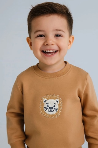 Erkek Çocuk Aslan Nakışlı 2 Li Takım Sweatshirt Ve Alt Eşofman %100 Pamuk Kahverengi