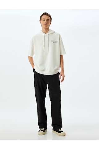 Koton Spor Sweatshirt Oversize Kapşonlu Slogan Baskılı Yarım Kollu Pamuk Karışımlı Ekru 5wam70014nk Ekru