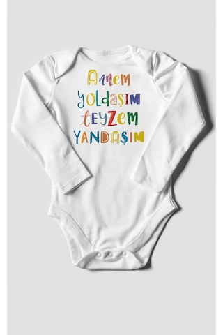 Annem Yoldaşım Teyzem Yandaşım Baskılı Bebek Zıbını Çıtçıtlı Body %100 Pamuk Uzun Kol Beyaz